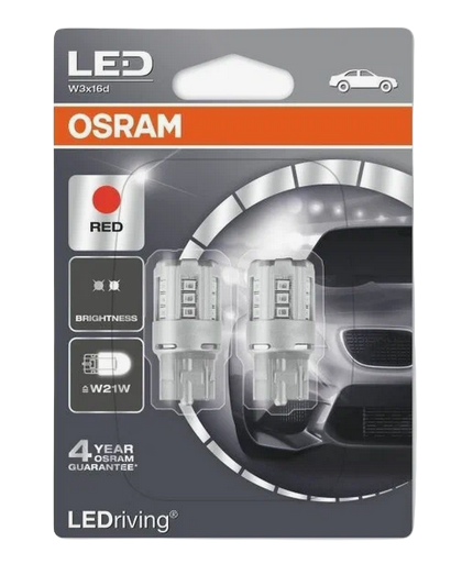 Автолампа 12V W21W (W3*16q) LED RED (блистер, 2шт) OSRAM (O-7705R-2бл)